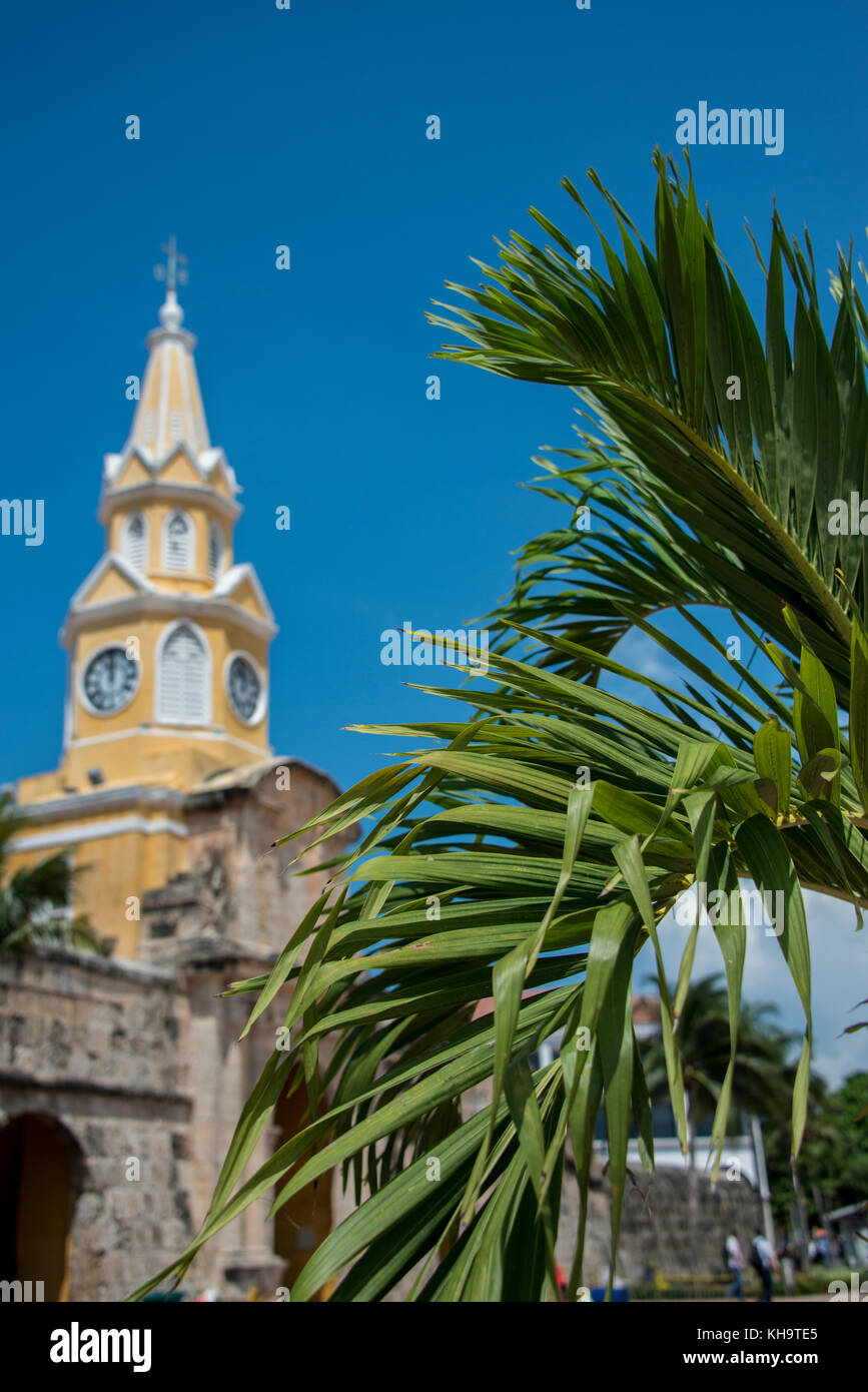 South America, Colombia, Cartagena. 'Old City' the historic walled city center, UNESCO. Clock Tower Gate aka Torre del Reloj. Stock Photo