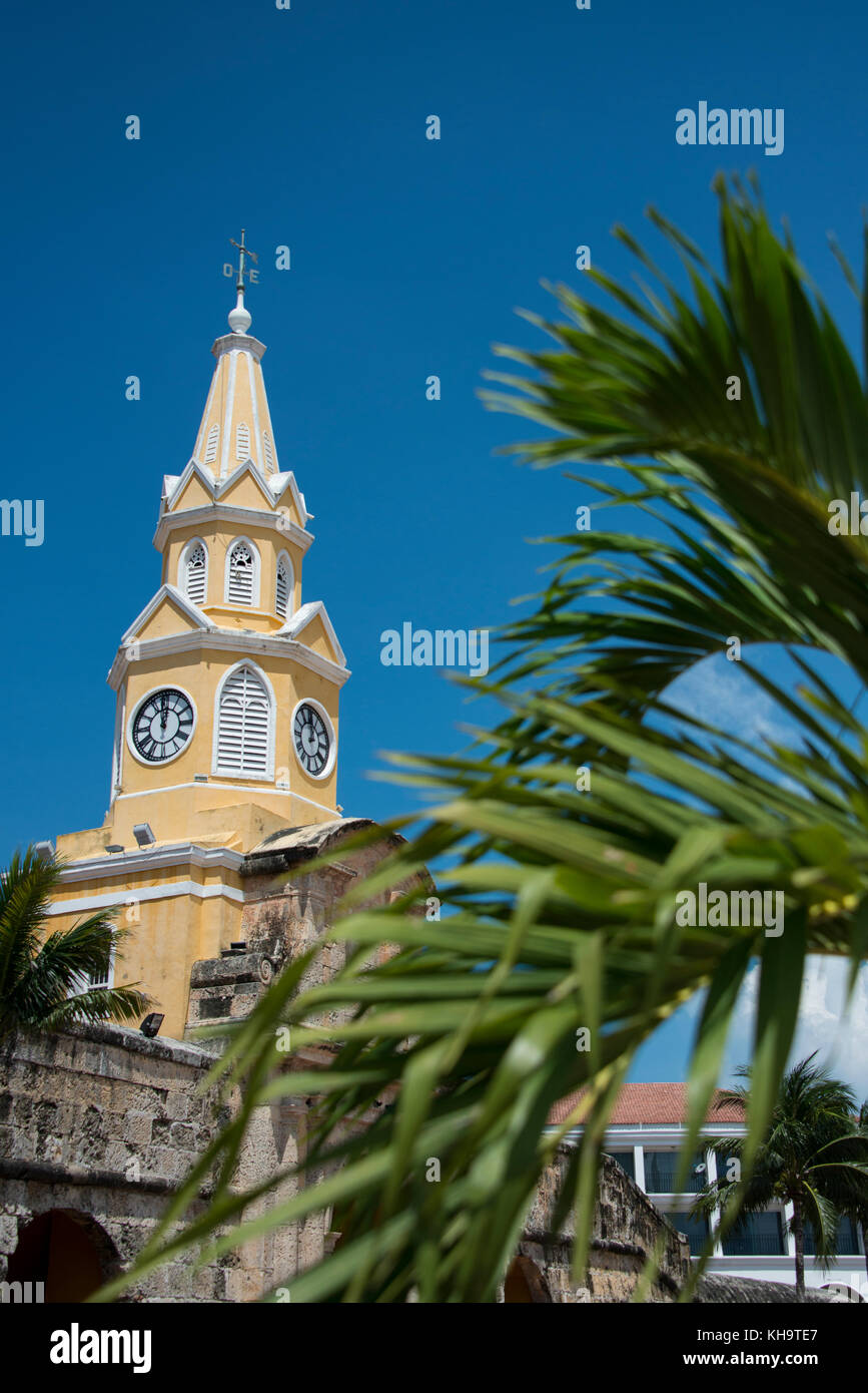 South America, Colombia, Cartagena. 'Old City' the historic walled city center, UNESCO. Clock Tower Gate aka Torre del Reloj. Stock Photo