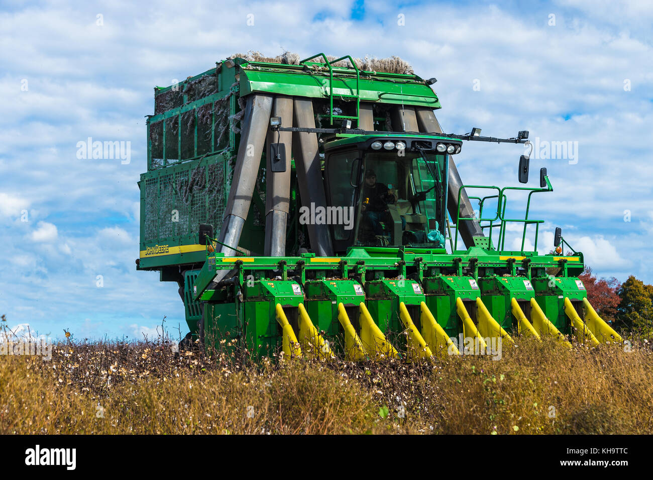 Skippers, Greensville County, Virginia,USA -November 2nd 2017; 'Spindle picker' type cotton harvesting machine, harvesting cotton Stock Photo