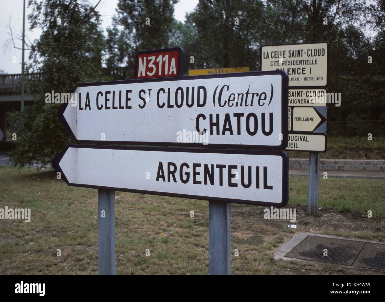 A road sign for Chatou, La Celle St. Cloud and Argenteuil near Paris Stock Photo
