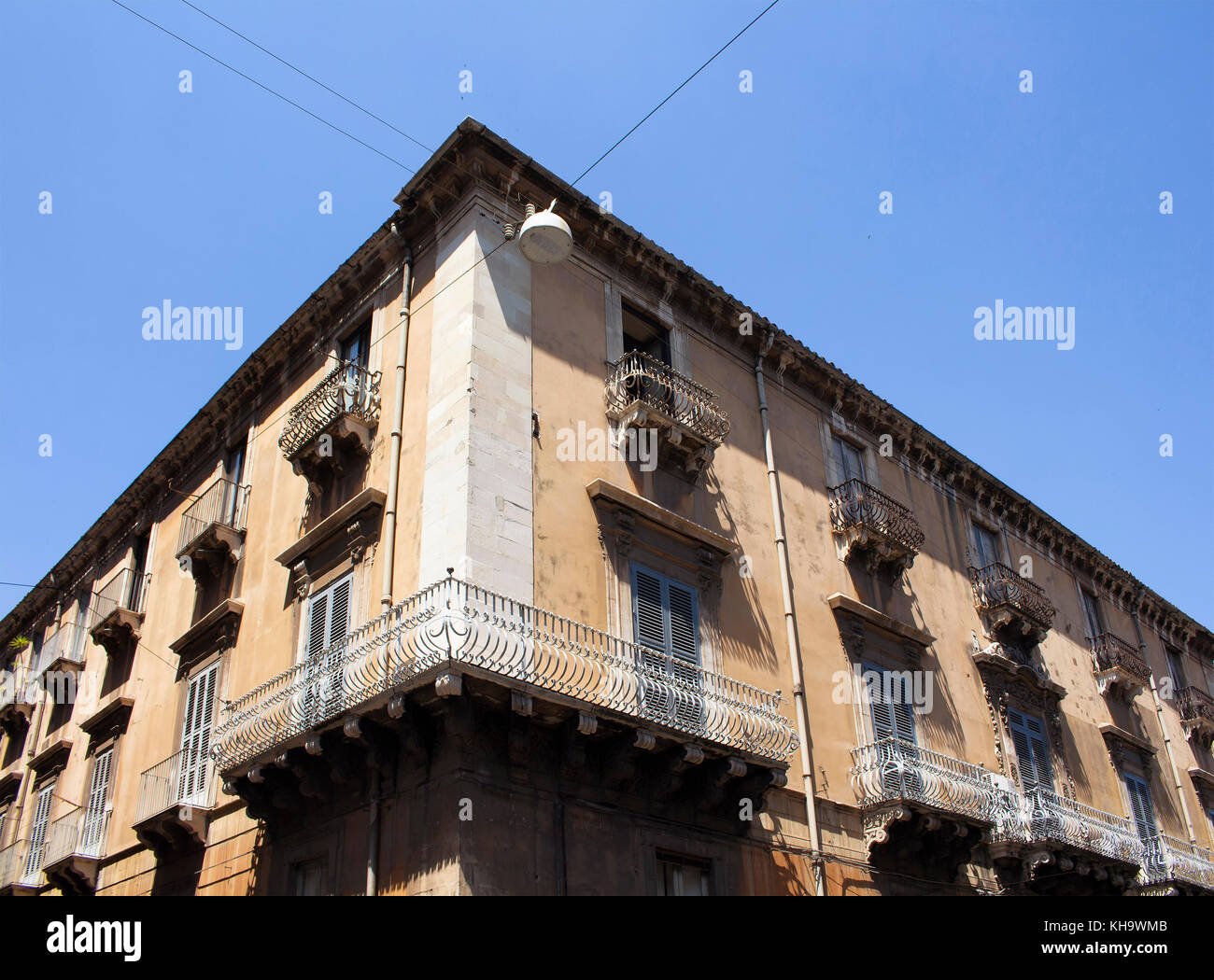 Bottom view of old, historical building in Catania / Italy. Stock Photo
