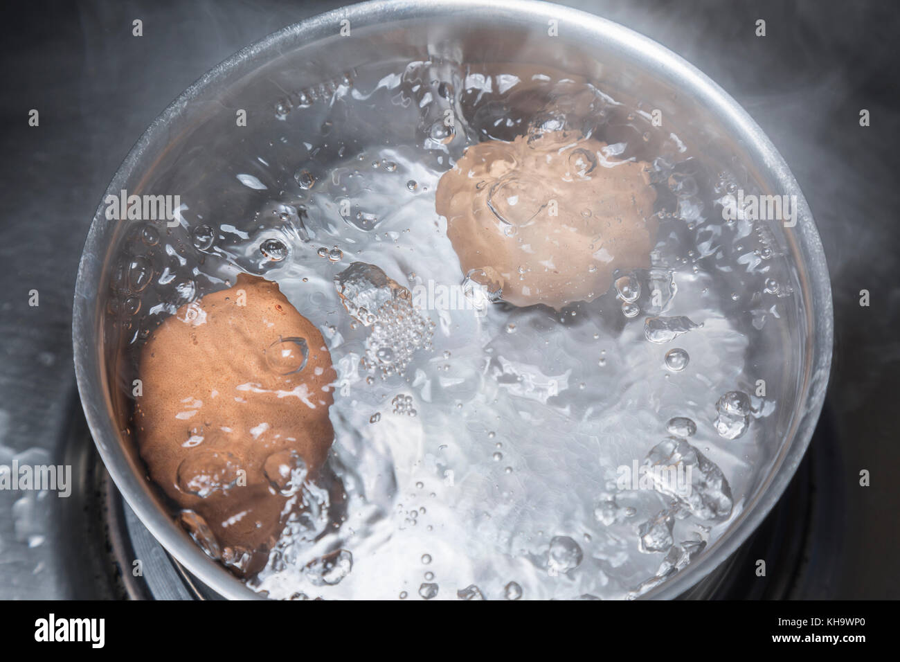Eggs in boiling water in saucepan on electric hob Stock Photo Alamy