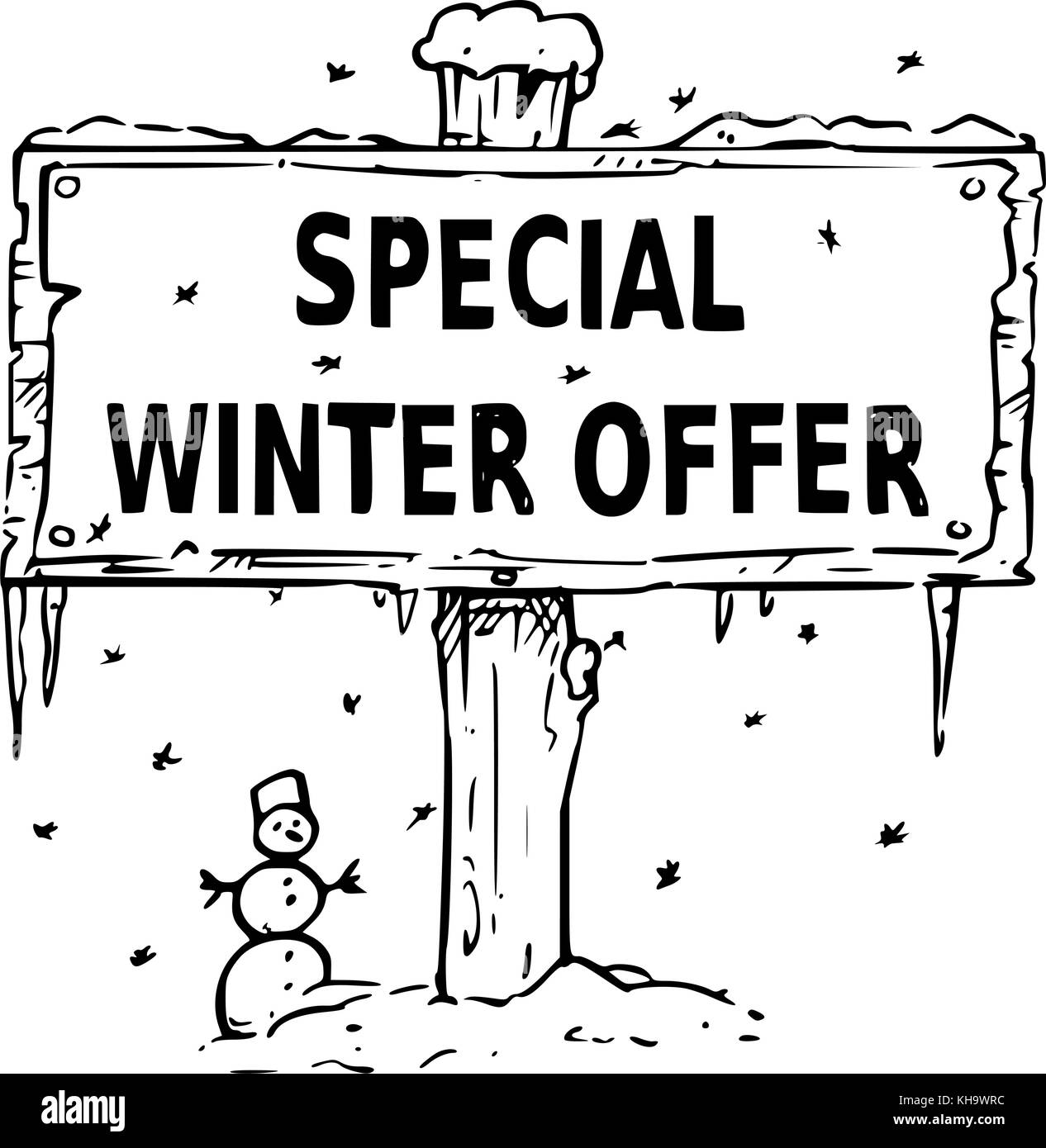 Vector drawing of wooden sign board with business text special winter offer. Stock Vector