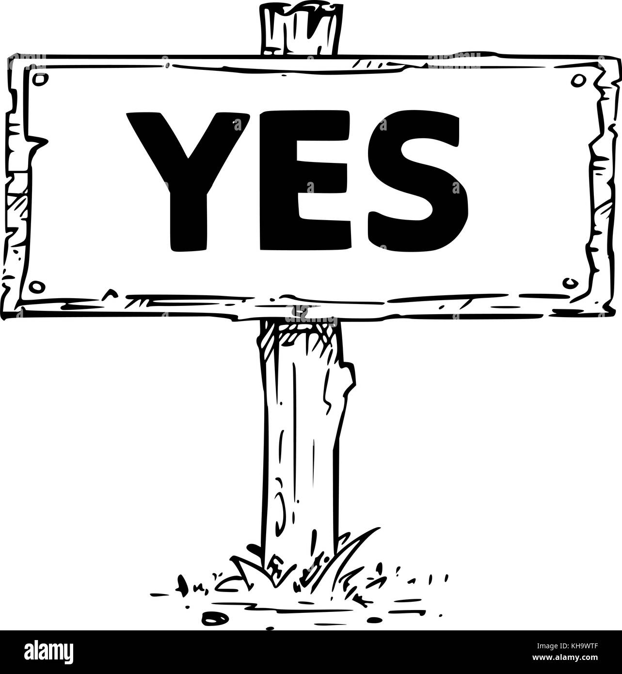 Vector drawing of wooden sign board with business text yes Stock Vector