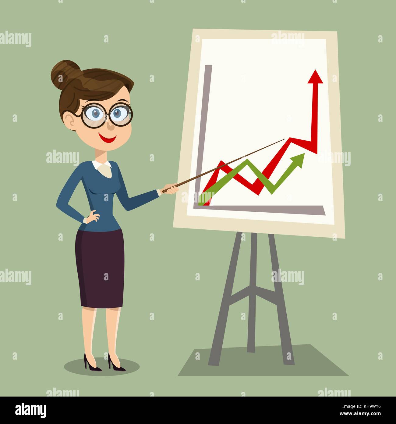 Vector cartoon smiling female teacher with pointer on lesson at blackboard in classroom, showing on board. Design template in EPS10. Stock Vector