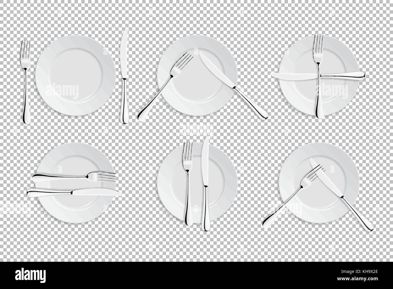 Vector realistic cutlery and signs of table etiquette. Catering facilities isolated icons. Set of of forks, table knives and plates. Illustration of tableware for cafes, restaurants etc. Stock Vector