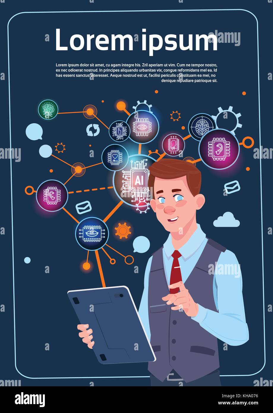 Businessman Holding Presentation Stand Over Digital Screen With Charts And Graph Infographics