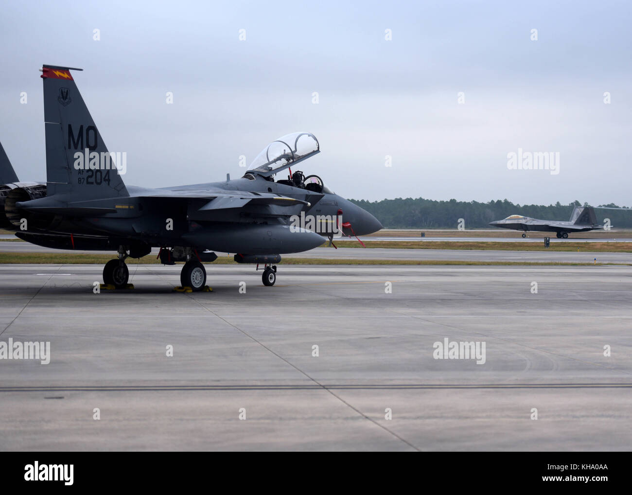 A U S Air Force F 15e Strike Eagle From The 3th Fighter Squadron Mountain Home Air Force Base Idaho Sits Parked On The Flightline As A 43rd Figh Stock Photo Alamy