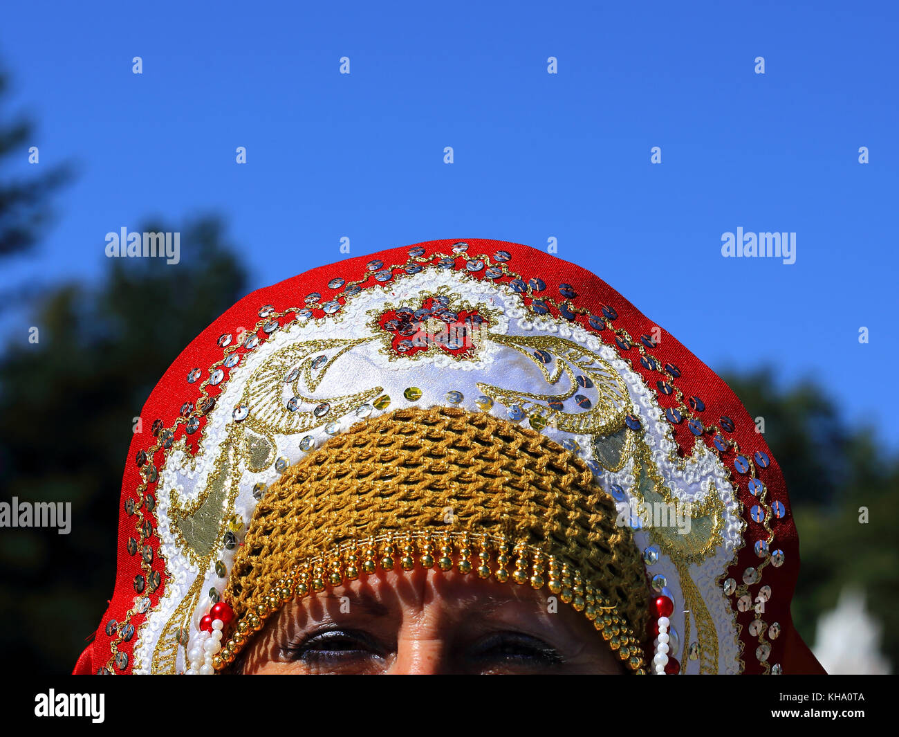 Headdress anciently called high embroidered festive headdress women covering hairs Stock Photo