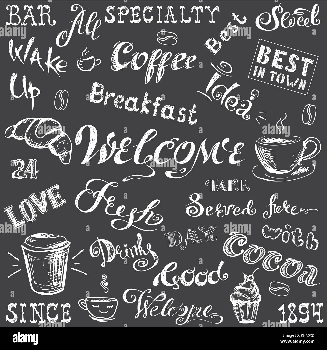 Collection - Coffee lettering and elements,hand drawn white on blackboard, stock vector illustration Stock Vector