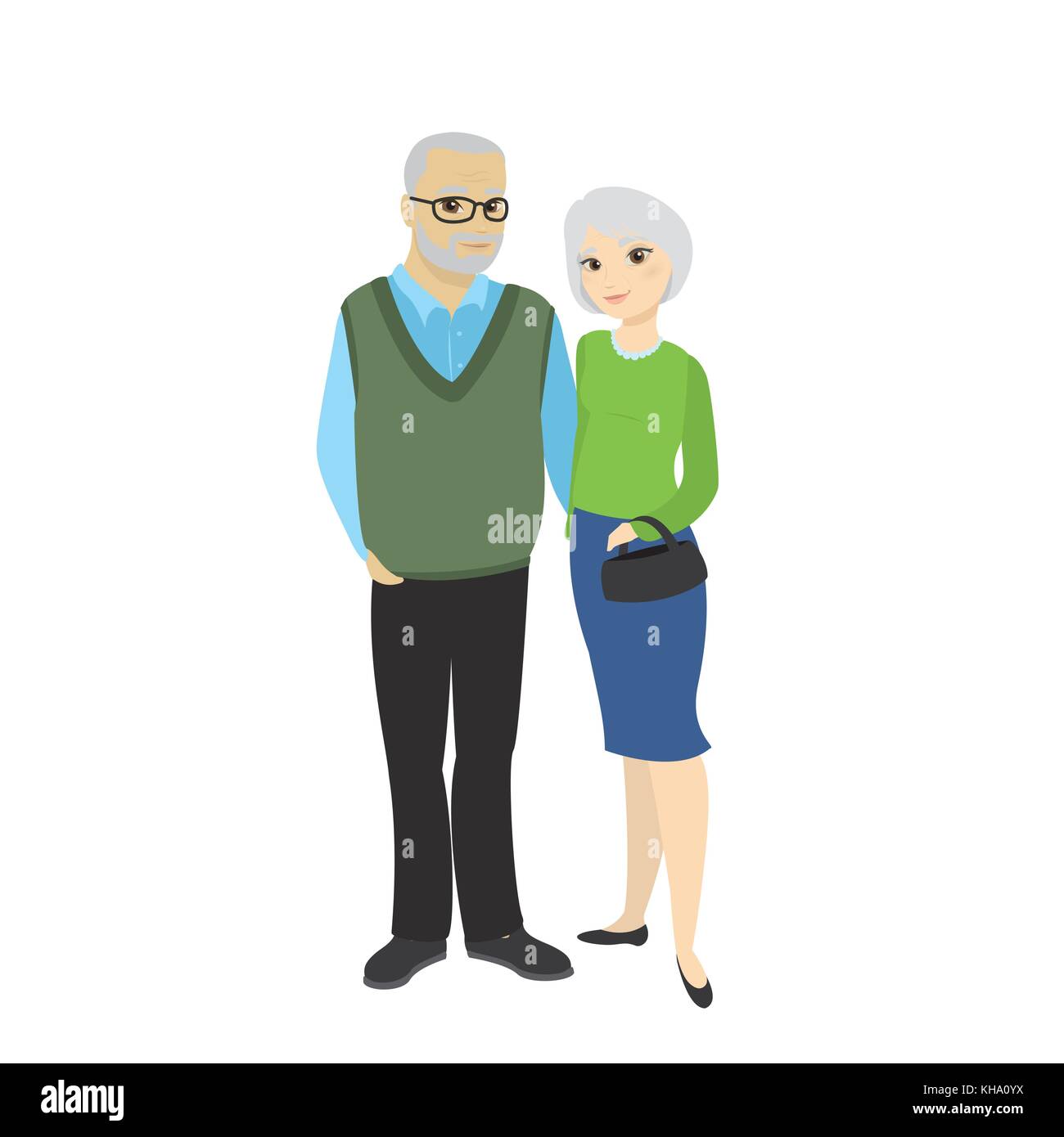 Happy Cute Old Man and Lady, Grandfather and  Granny , Cartoon Family Character isolated on white background, Vector Illustration Stock Vector