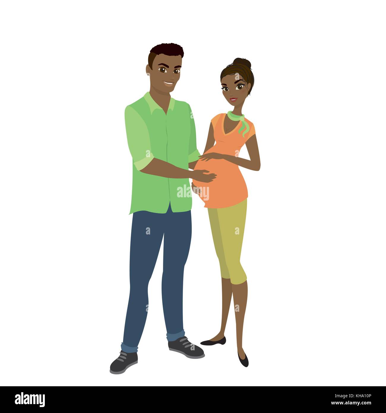 married couple,african american cute man and a pretty pregnant woman,isolated on white background,cartoon vector illustration Stock Vector