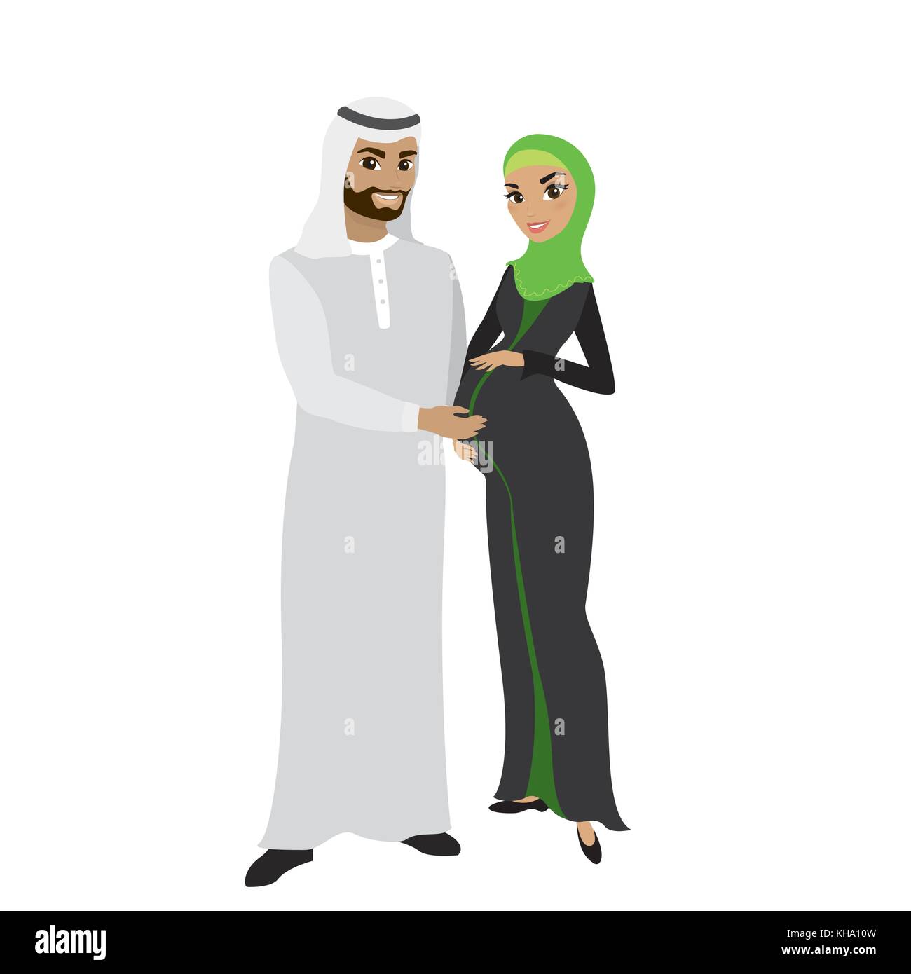 Muslim family couple in traditional clothes, woman is pregnant, isolated on white background, cartoon vector illustration Stock Vector