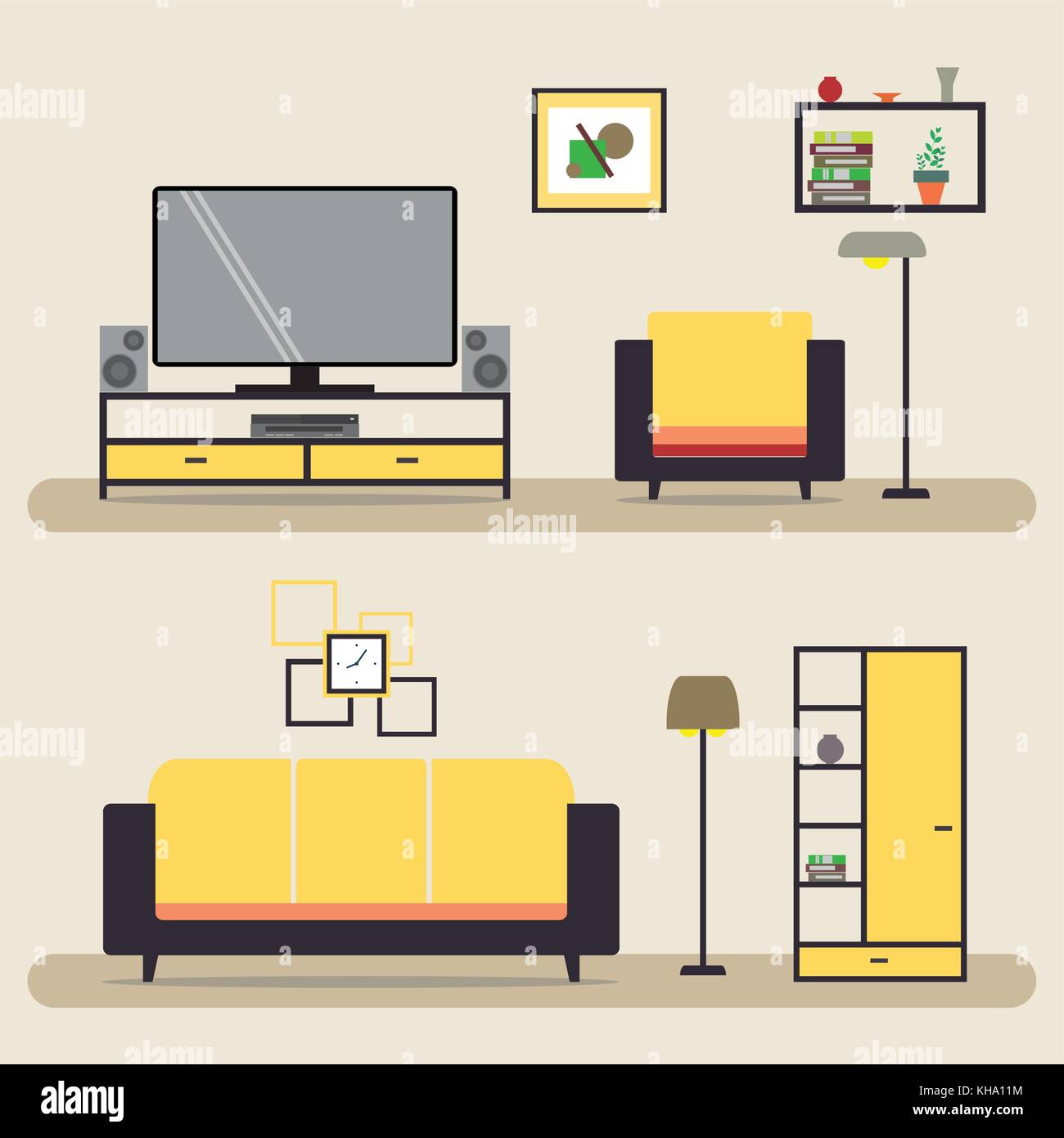 Living room with furniture.Interior with sofa,lamp and tv. Flat stock ...