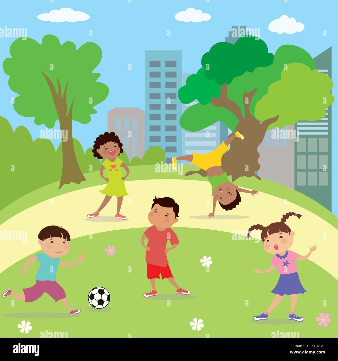 Children playing in park,boys and girls different races,cartoon vector illustration Stock Vector