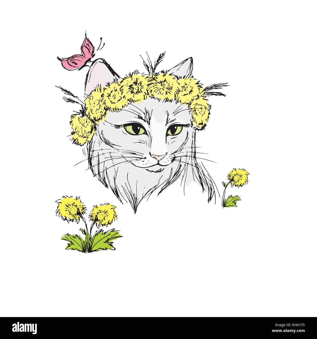 Cat with flowers,hand drawn Stock Vector