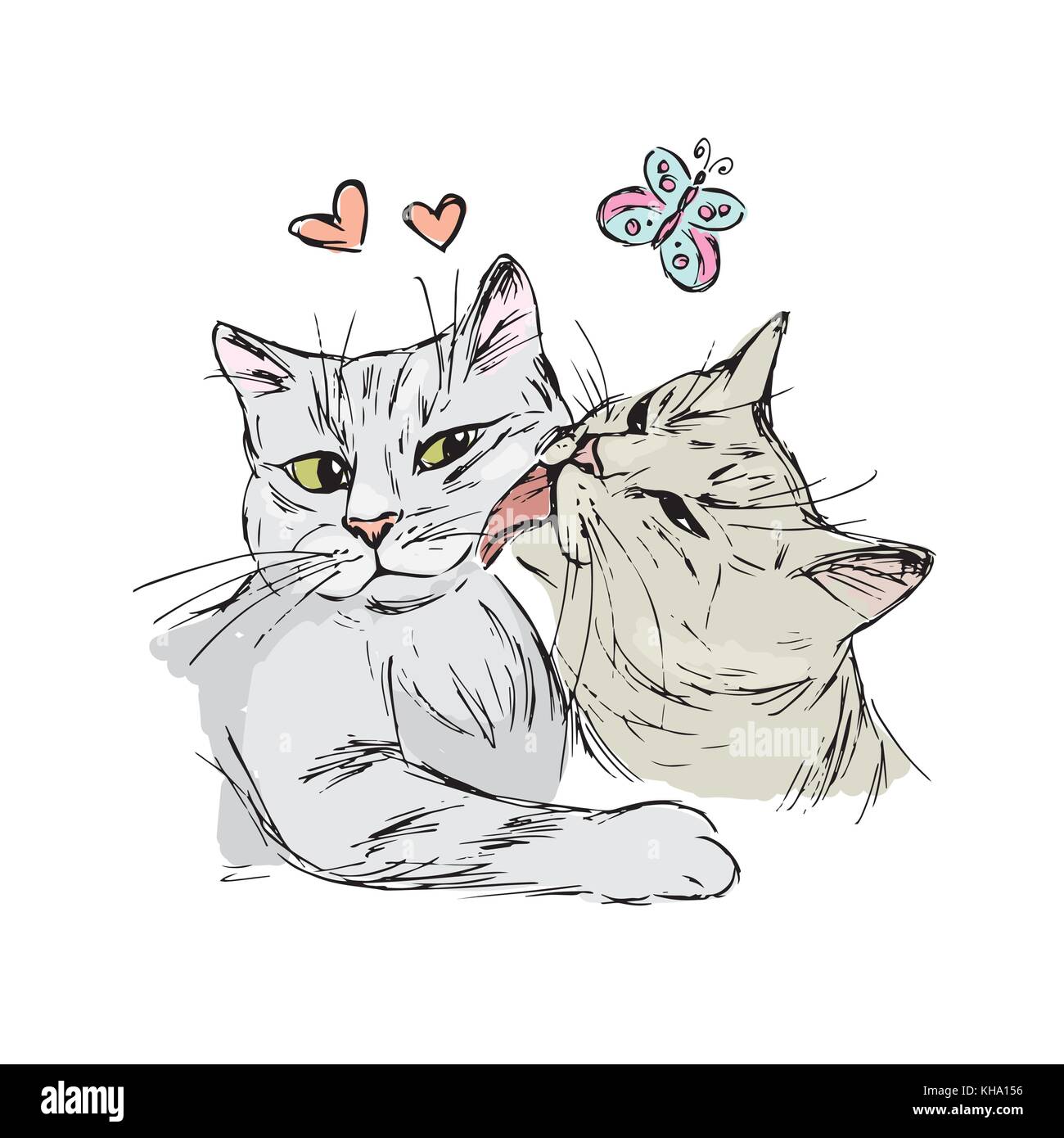 A pair of cats in love, hand drawing isolated on white backgroun Stock Vector