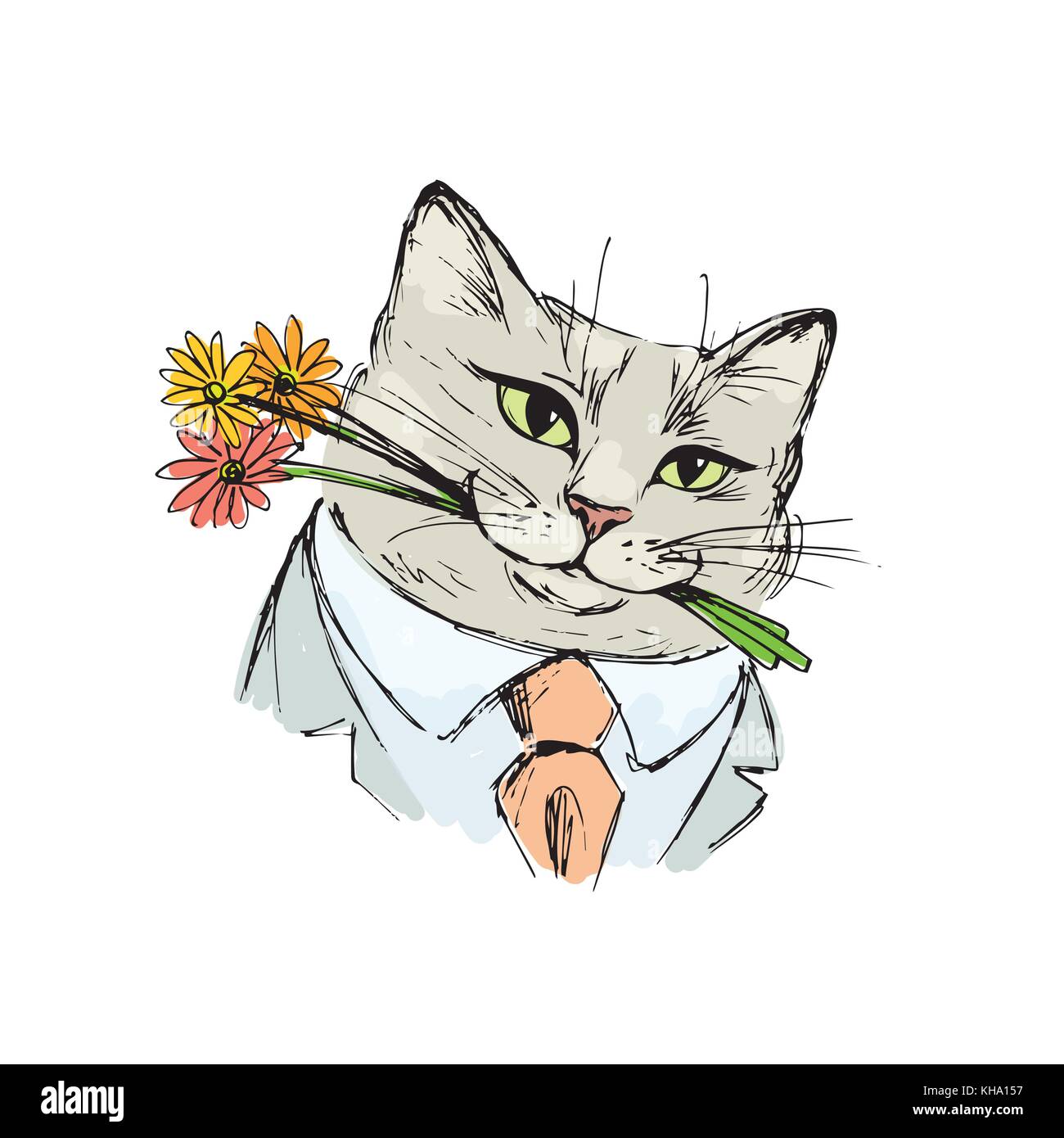 Cat gentleman with bouquet of flowers in the teeth Stock Vector