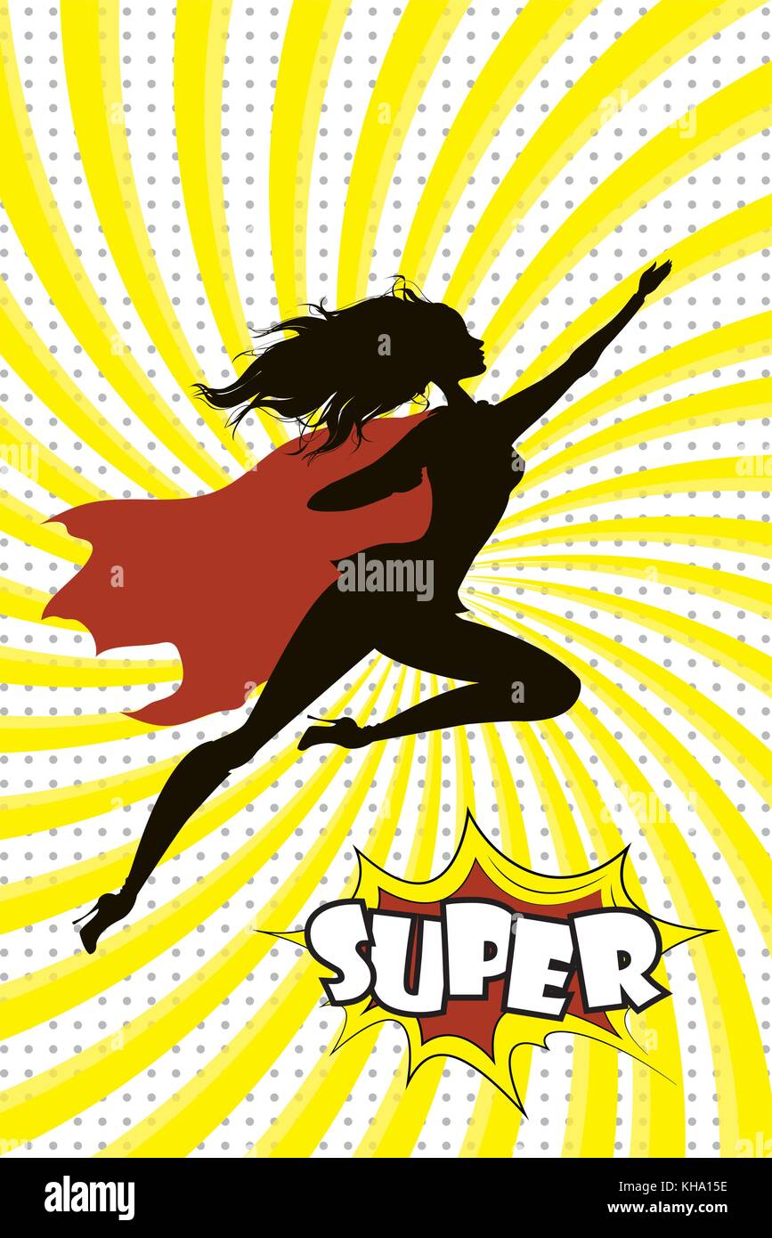 Female Super Hero silhouette and text SUPER in retro comic pop a Stock Vector