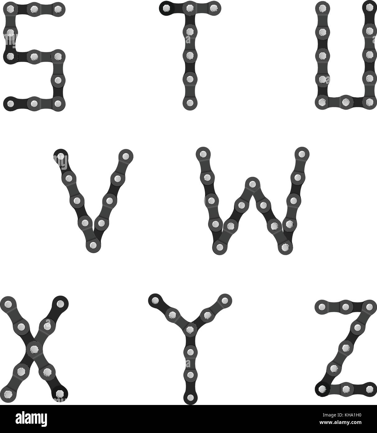 Bike chain alphabet S to Z on a white background. Stock Vector
