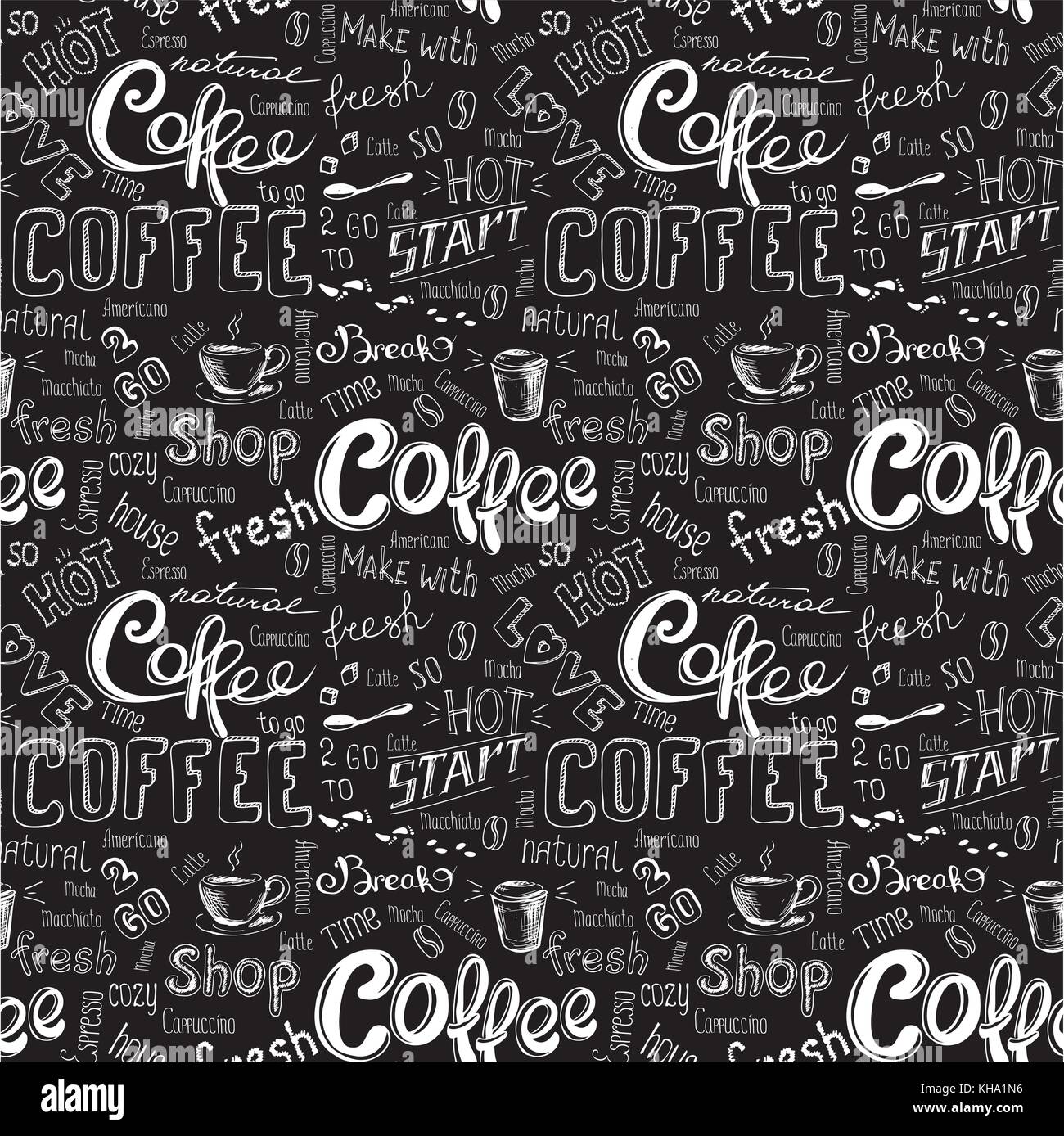 seamless doodle coffee pattern on black background ,hand drawn vector ...