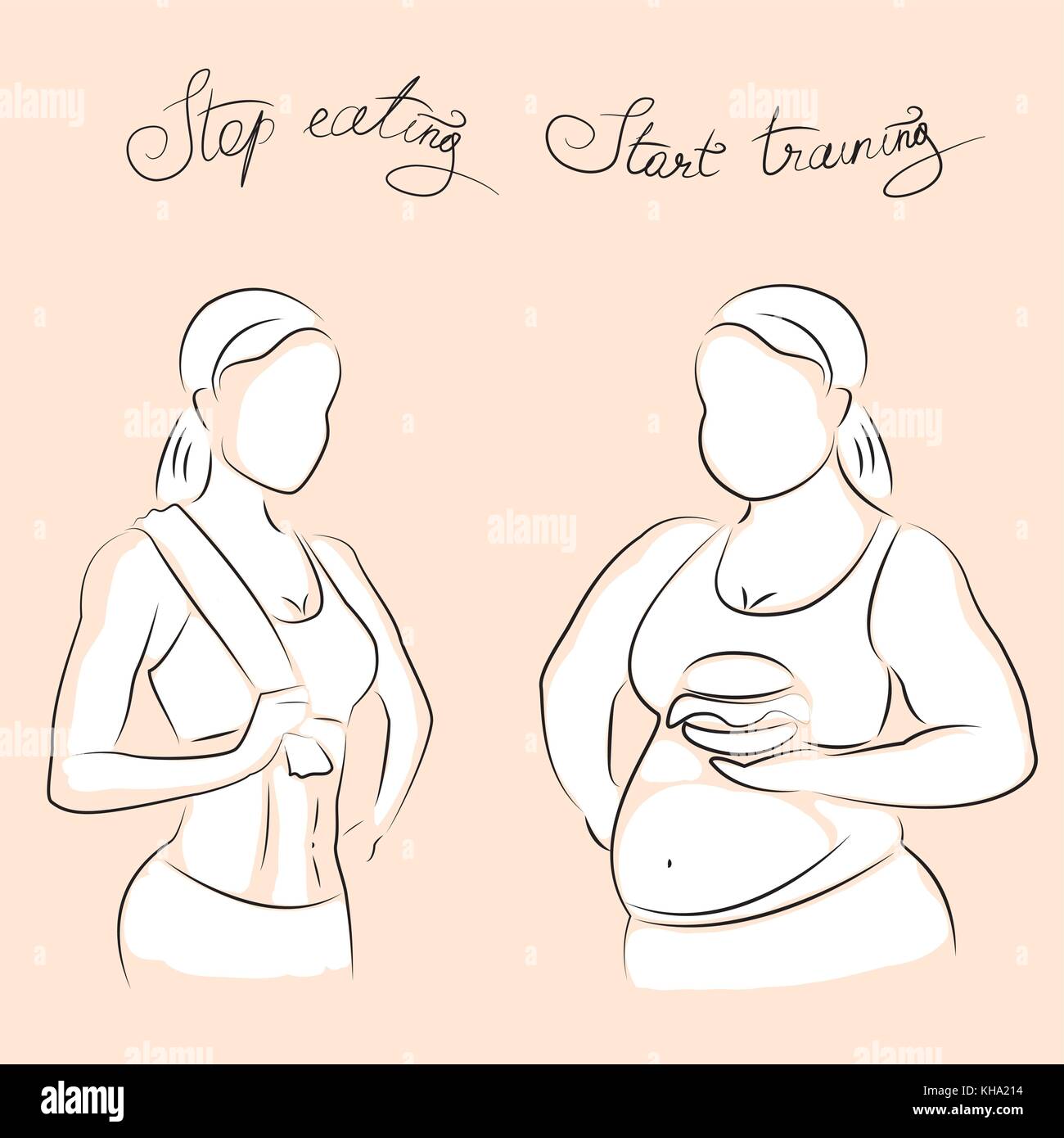 Fat and thin silhouettes of female figures. Thin woman after fitness, fat with a hamburger. Vector illustration Stock Vector