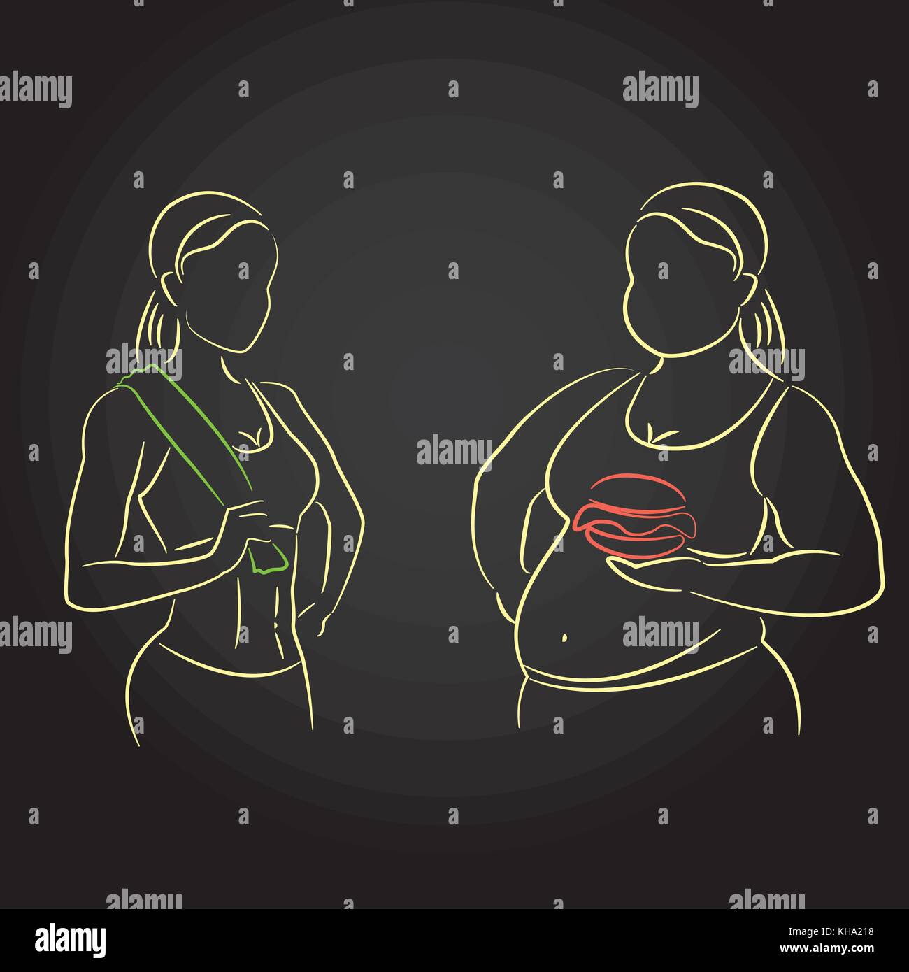 Fat and thin silhouettes of female figures. Thin woman after fitness, fat with a hamburger. Vector illustration on black background Stock Vector