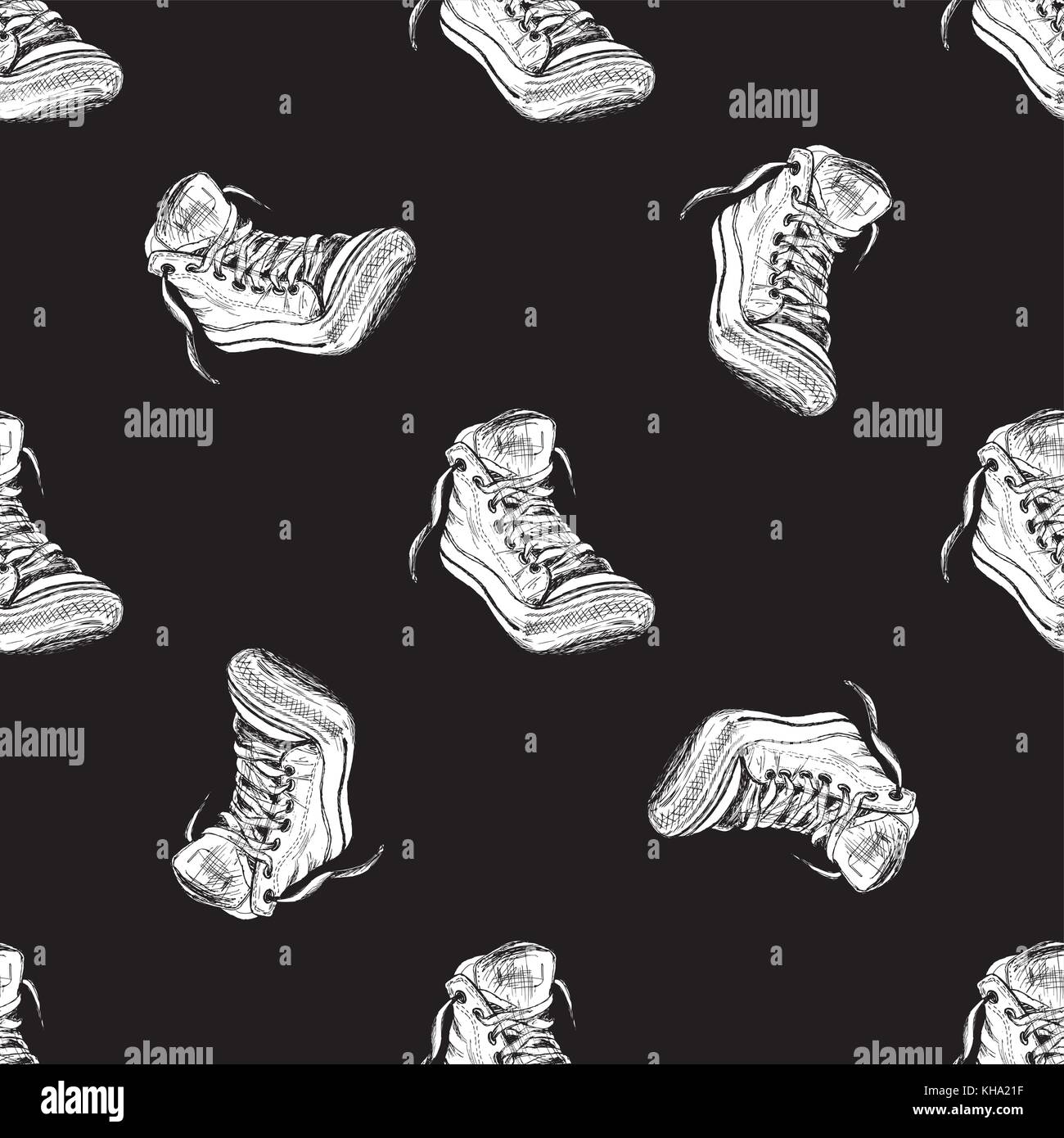 Seamless pattern with vintage sneakers, vector on black background ...