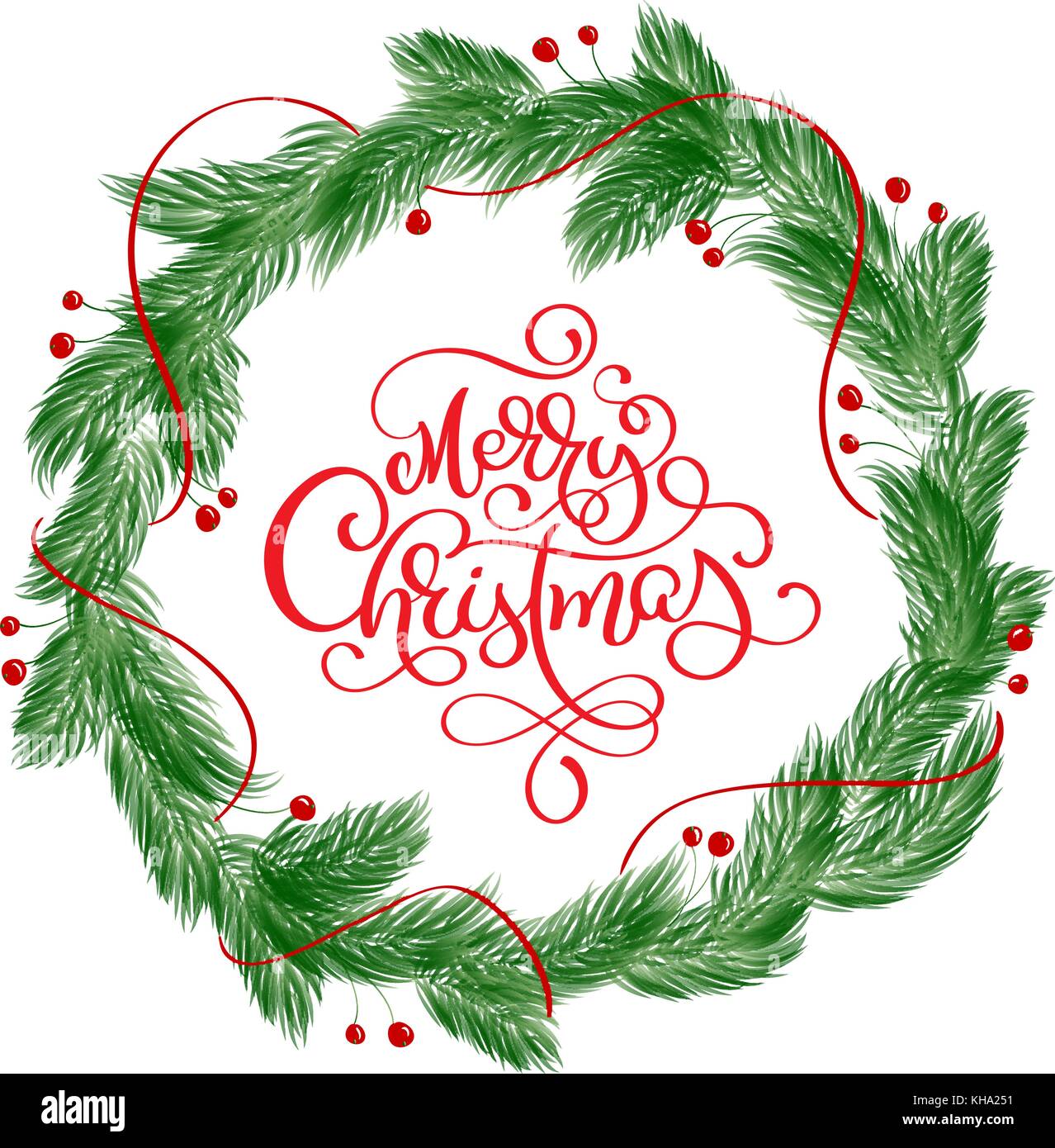 Merry Christmas Calligraphy Lettering text and a wreath with fir tree ...