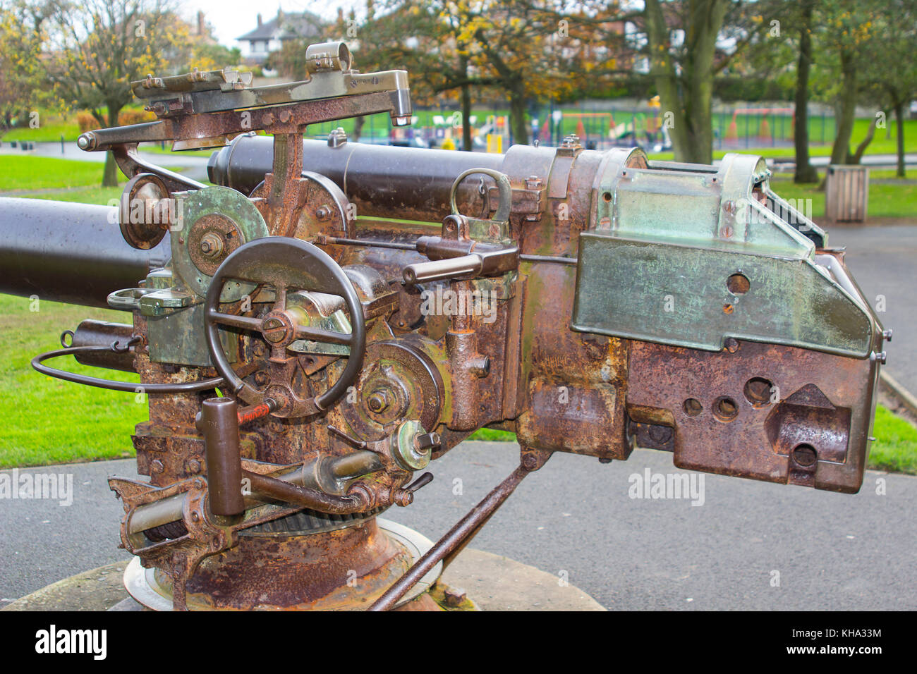 The large bore deck gun taken from the German Submarine U19 used in the battle of Jutland and now mounted in Ward Park' Bangor County Down in front of Stock Photo