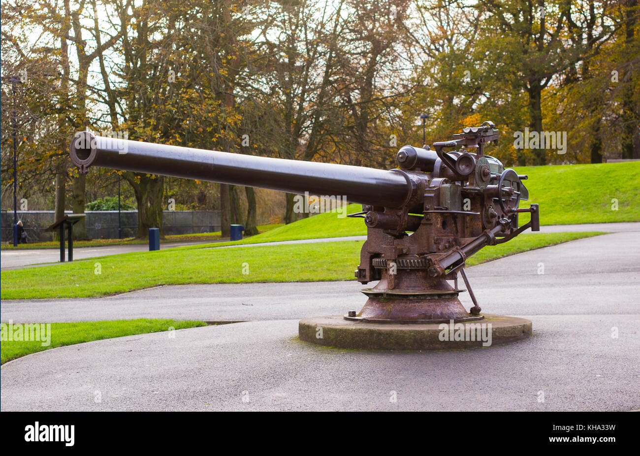 The large bore deck gun taken from the German Submarine U19 used in the battle of Jutland and now mounted in Ward Park' Bangor County Down in front of Stock Photo