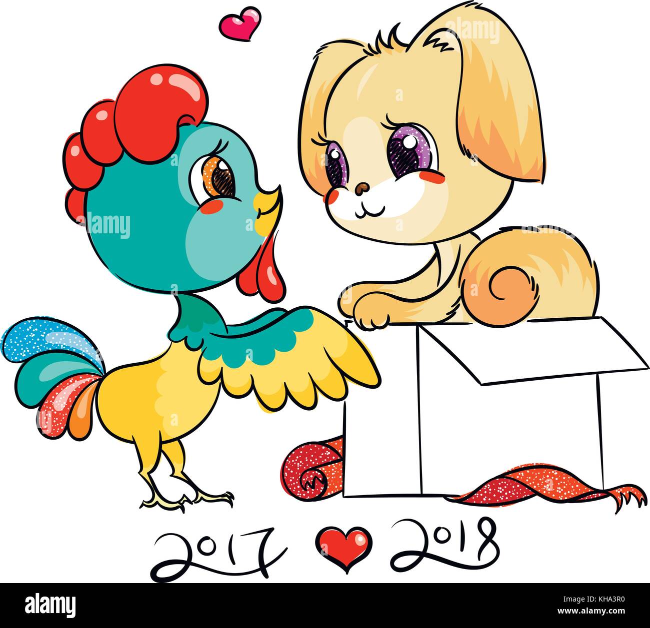 Funny cartoon card with dog and rooster. Symbols of 2017 and 2018. Happy  New Year vector illustration with human friends cute animals Stock Vector  Image & Art - Alamy