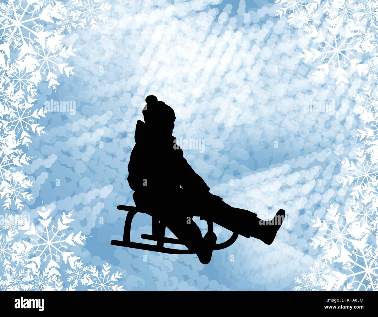 Kid sledding silhouette on the abstract background - vector Stock Vector
