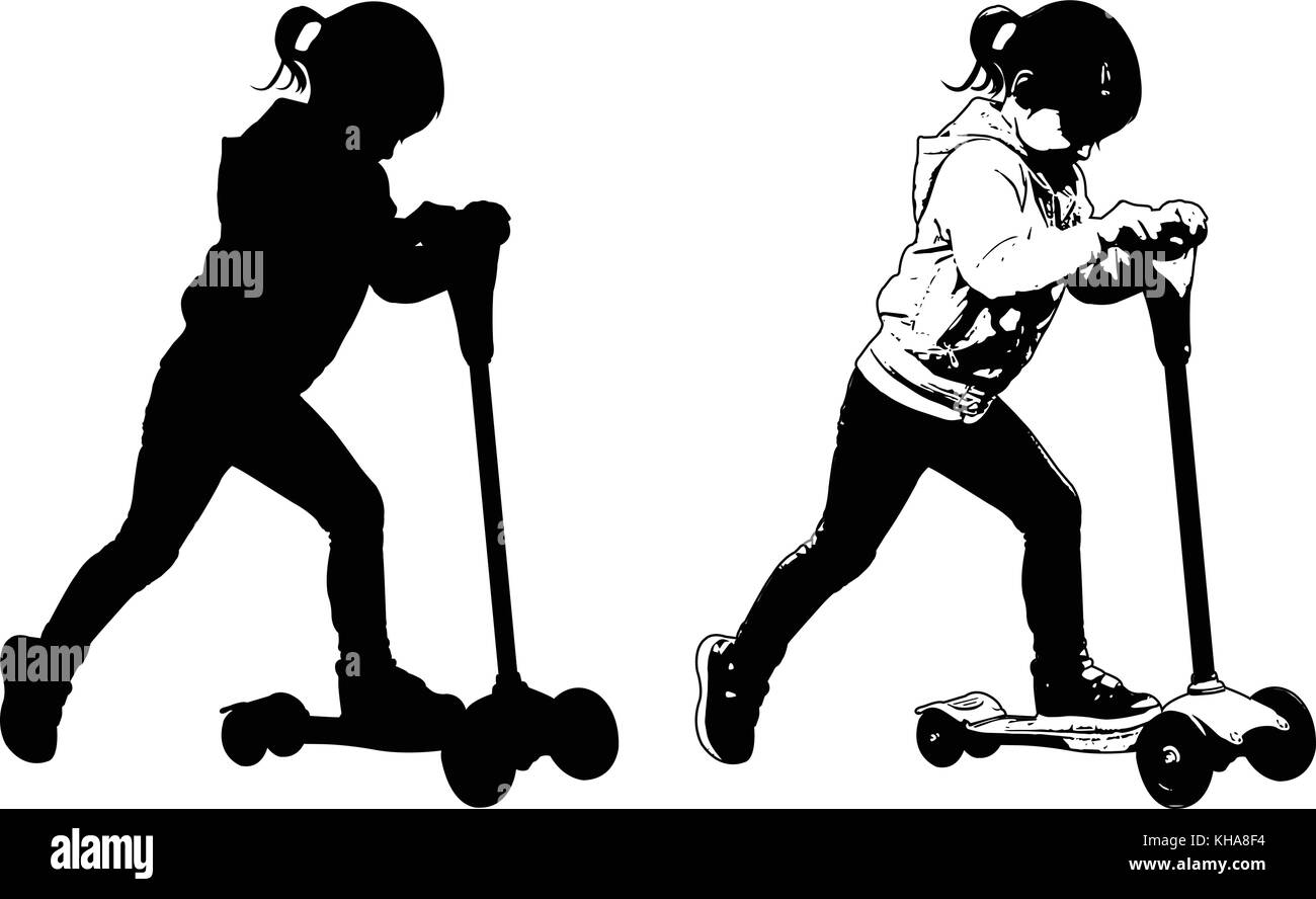 Little girl riding scooter vector vectors Cut Out Stock Images