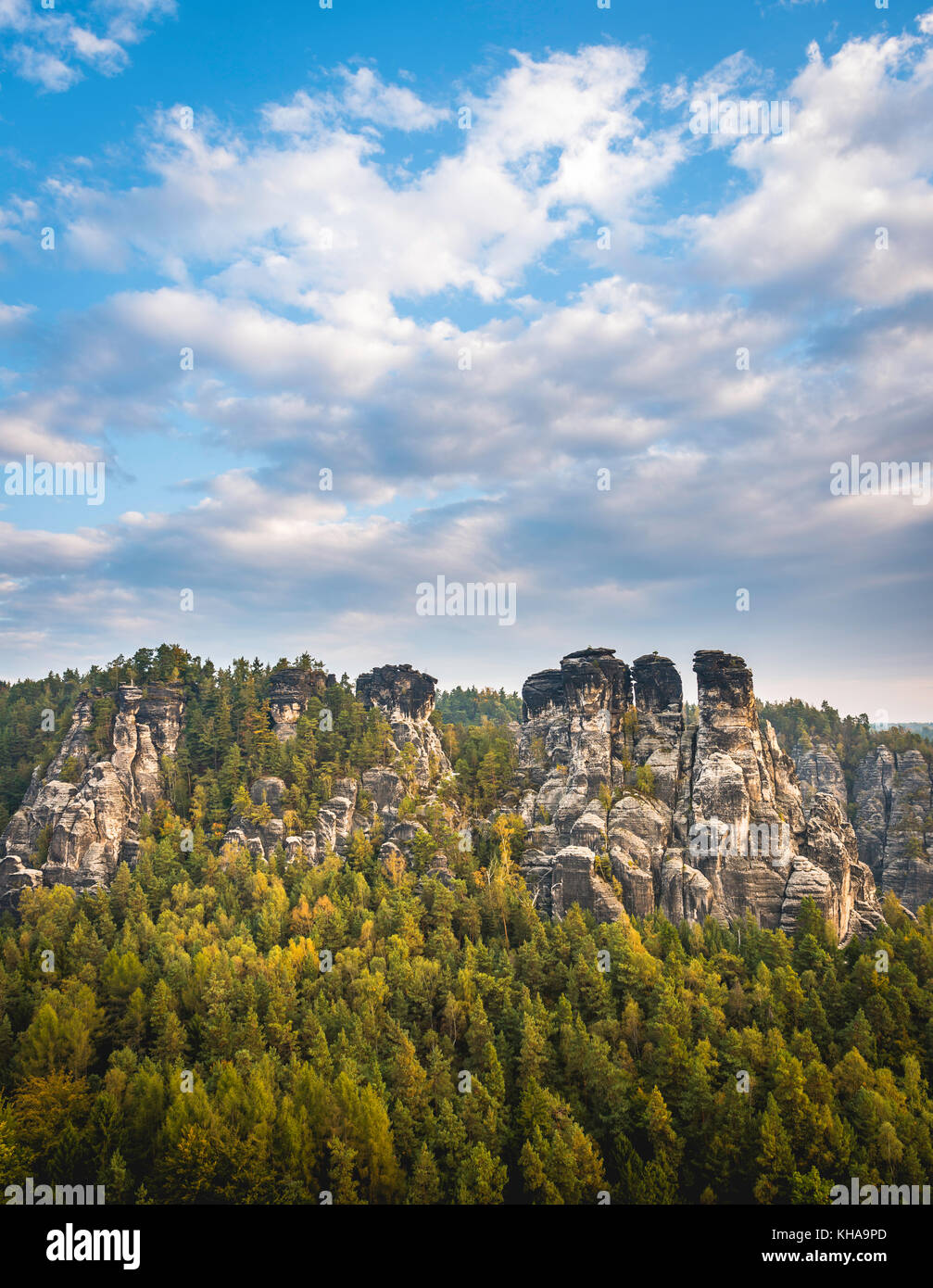 Schrammsteine around the Bastei, Elbe Sandstone Mountains, Rathen, National Park Saxon Switzerland, Saxony, Germany Stock Photo