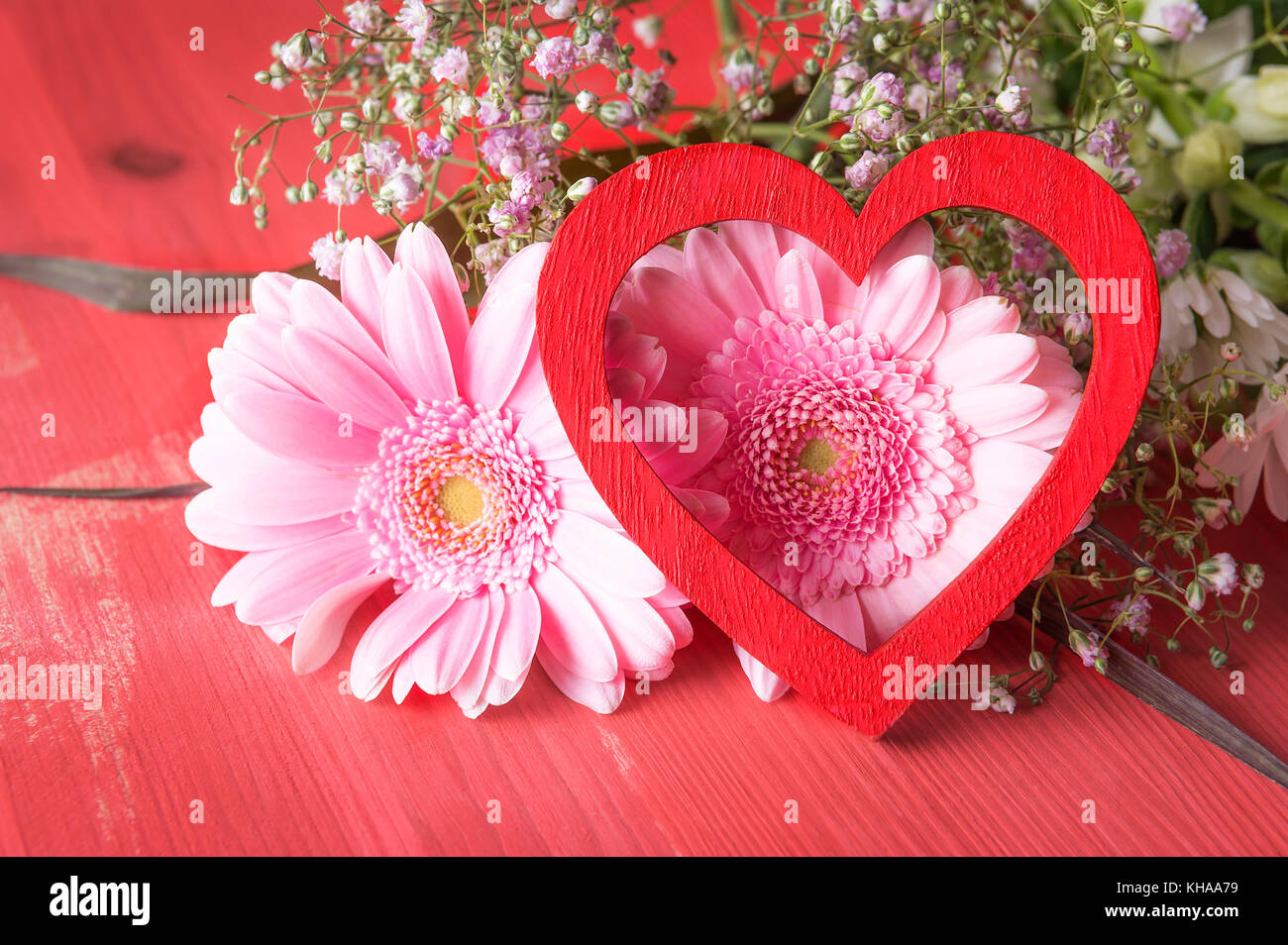 Greeting card idea with pink chrysanthemum and a red decorative heart ...