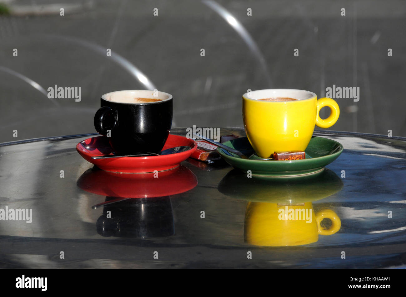 France, Nantes city, two coffee cups on a bistro table, coffee shop. Stock Photo