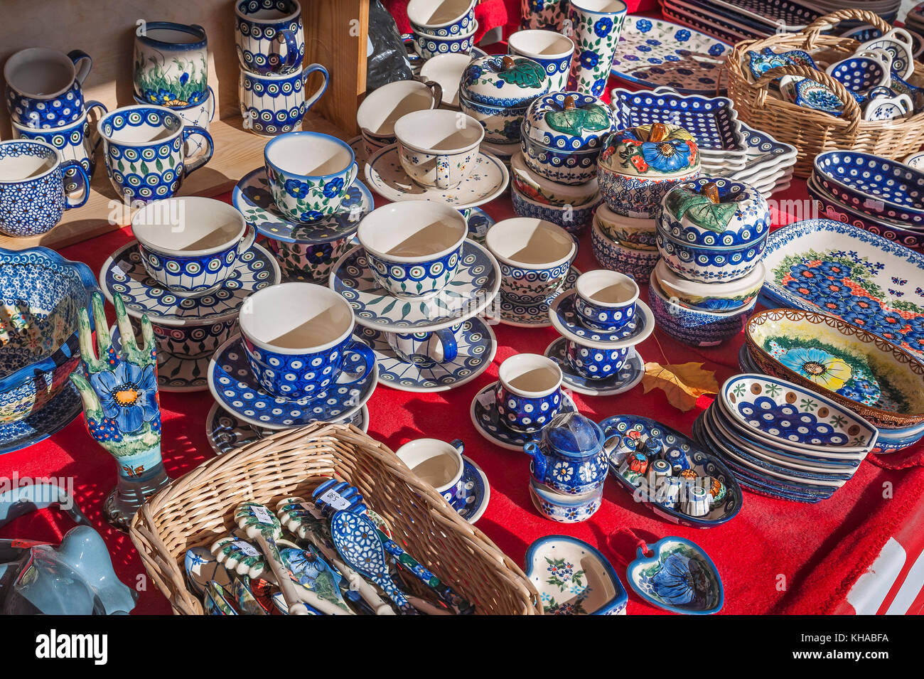 Sales booth with crockery, polish pottery, Auer Dult, Munich, Bavaria, Germany Stock Photo