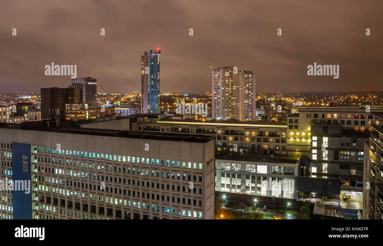 A night light cityscape of Birmingham city Stock Photo