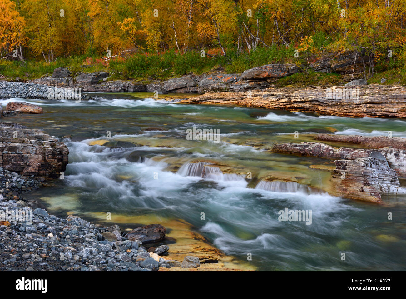 Autumn Landscape on the Abiskojakka River, Abisko National Park, Sweden Stock Photo