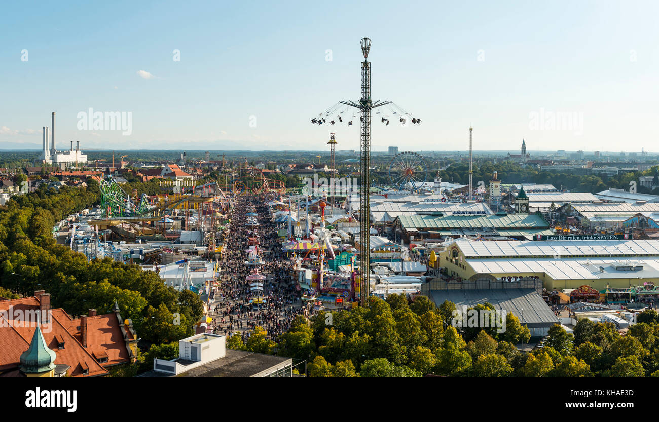 View of the Oktoberfest with fairground rides and pavilions, Wiesn, Munich, Upper Bavaria, Bavaria, Germany Stock Photo