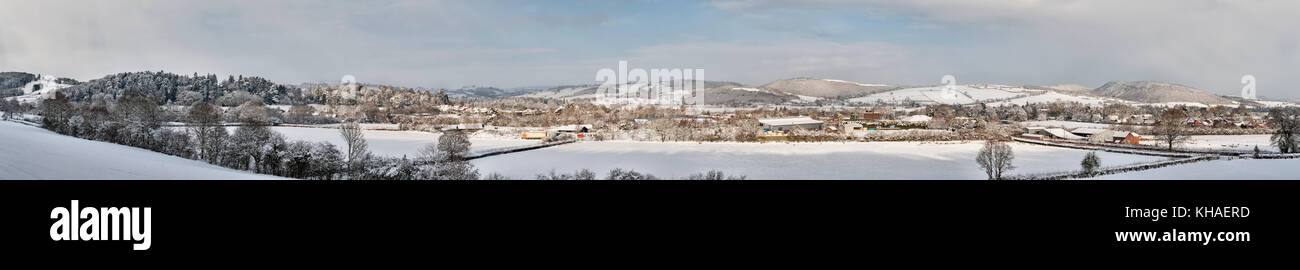 Presteigne, Powys, UK. A panoramic view of this small town in mid Wales under heavy snow in midwinter Stock Photo