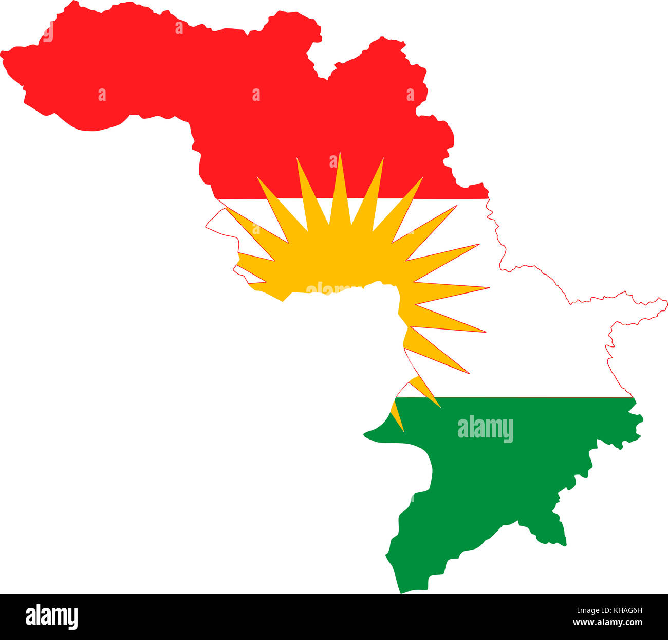 Map of Kurdistan with the colours of the flag of Kurdistan Stock Photo