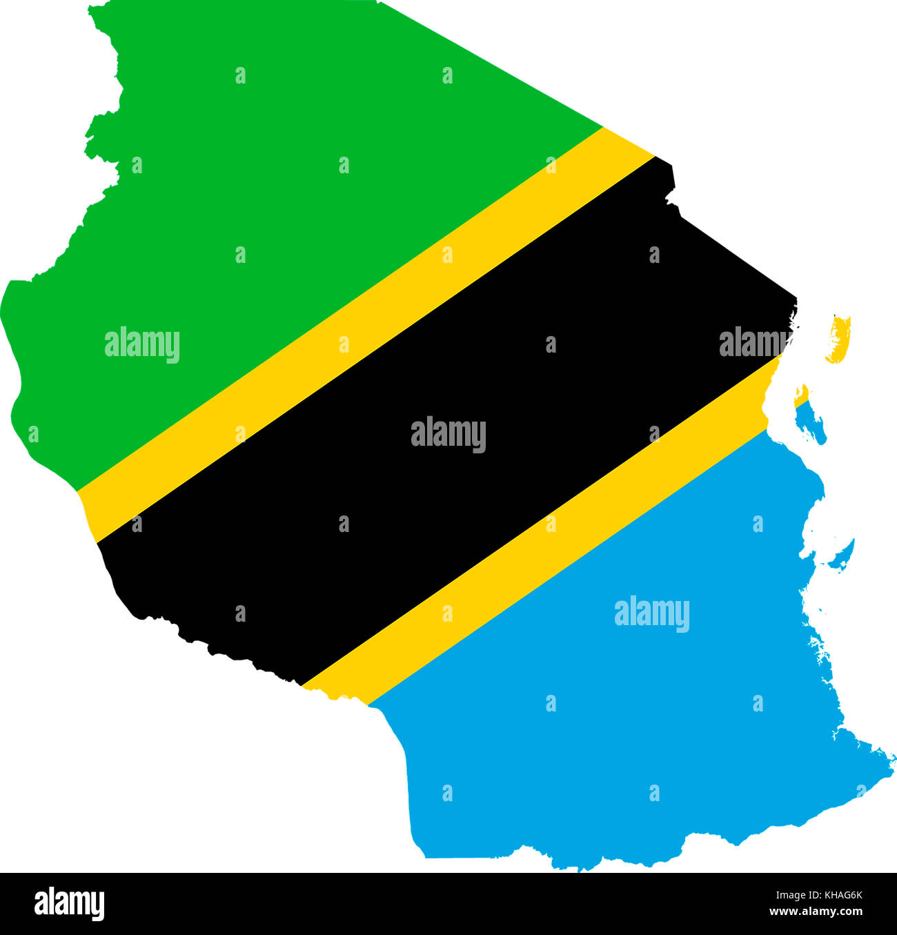 Map of Tanzania with the colors of the Tanzanian flag Stock Photo