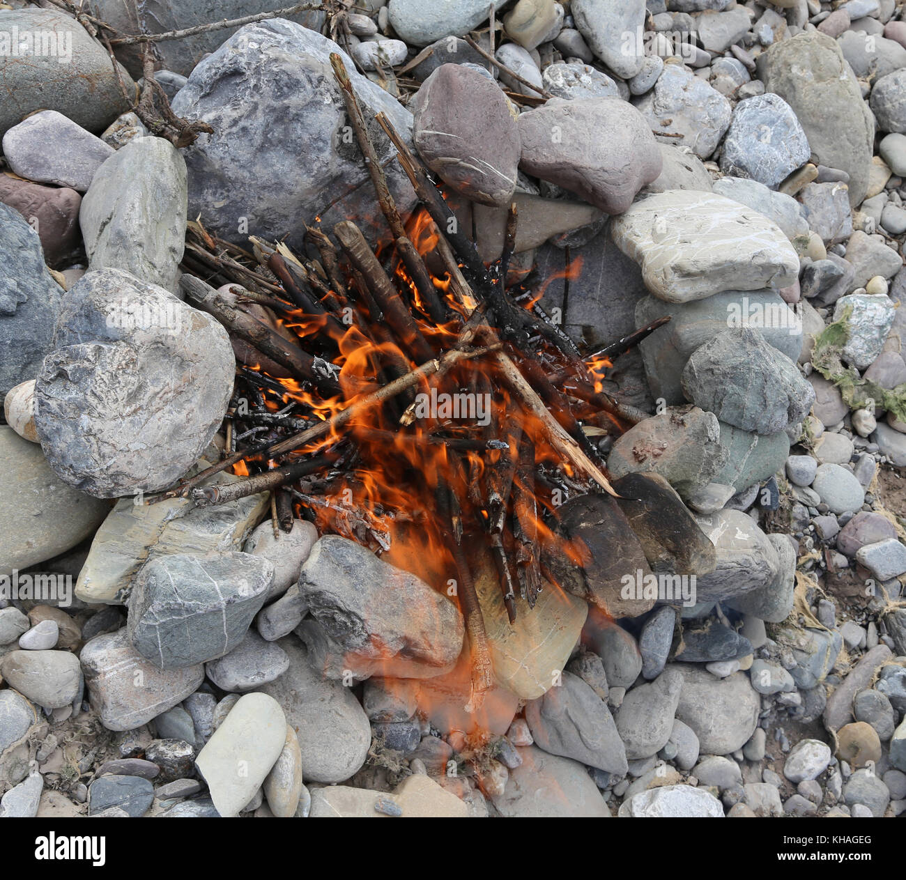 bonfire made with stones arranged to circle to prevent the wind from ...