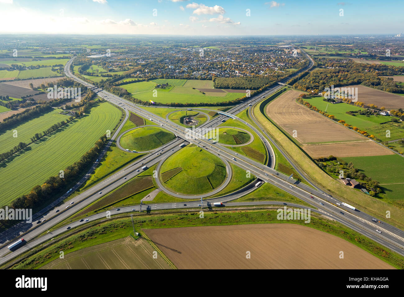 Kamener Kreuz, motorway intersection A1 and A2, motorway A2, tangent, classic cloverleaf, Kamen, Ruhr Area Stock Photo
