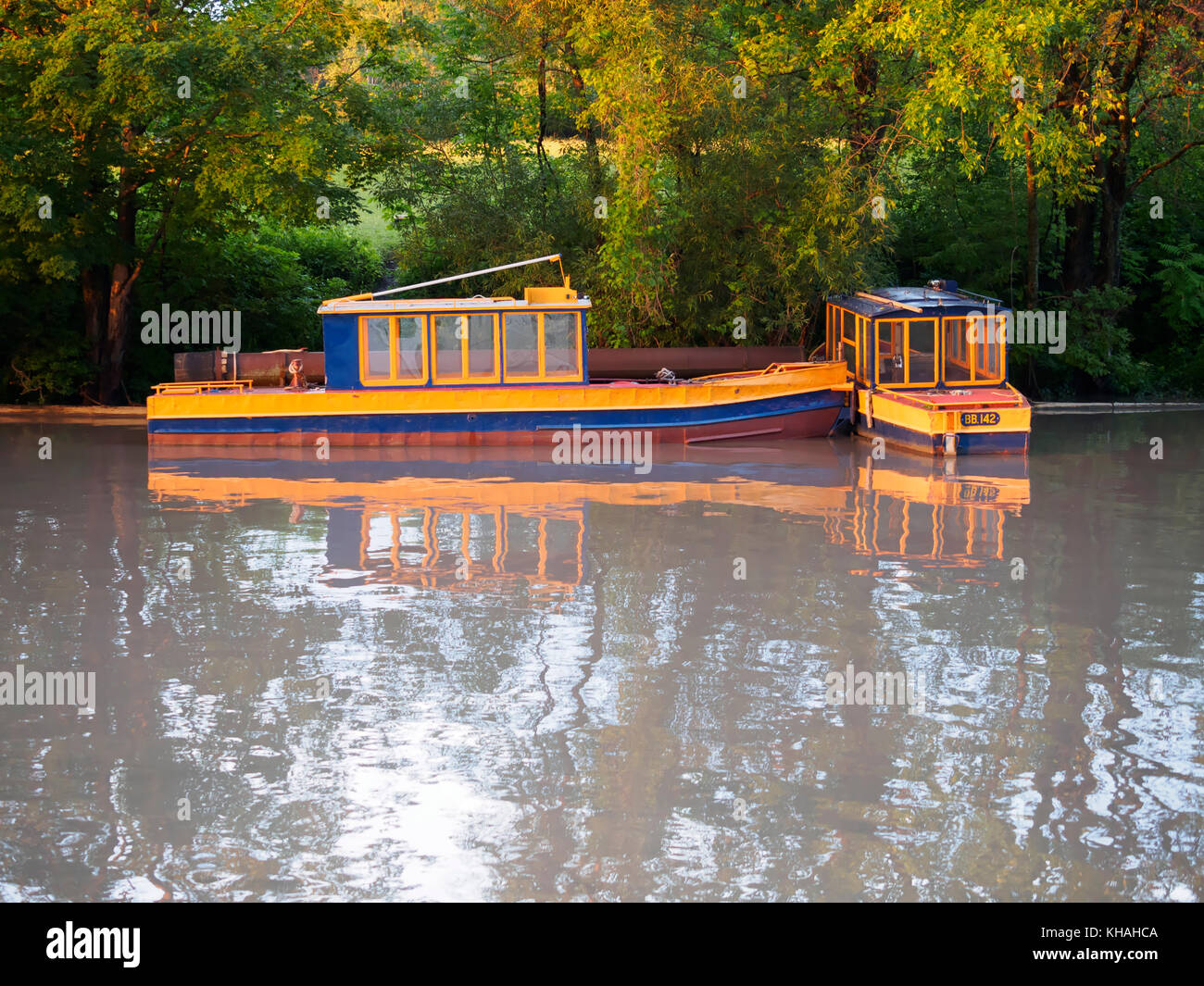 Workboats on the Erie Canal. Buoy boats were once used to transport worker to light floating buoys. Stock Photo