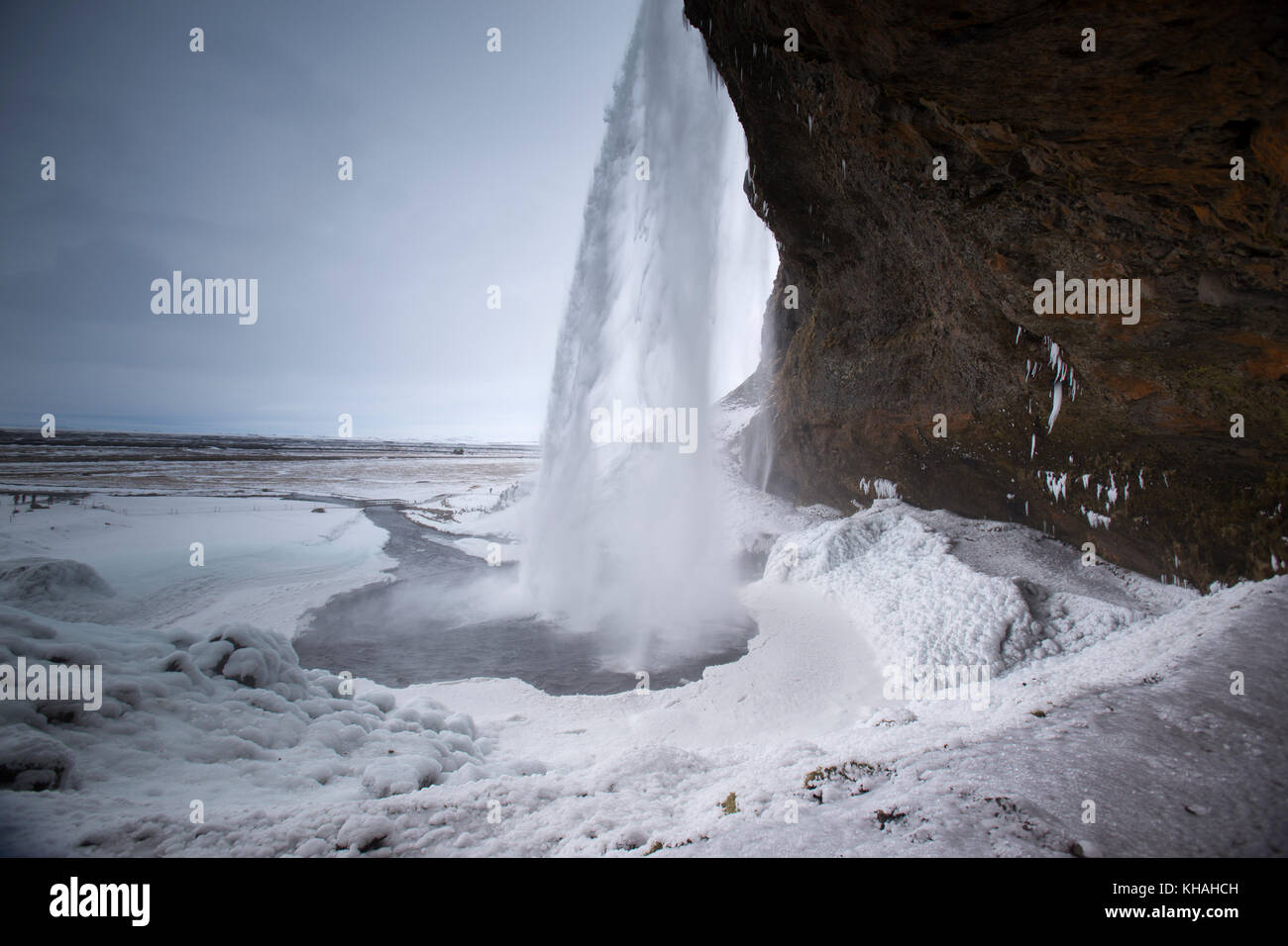 Seljalandsfoss waterfall on the south coast of Iceland. A well known tourist destination. Stock Photo