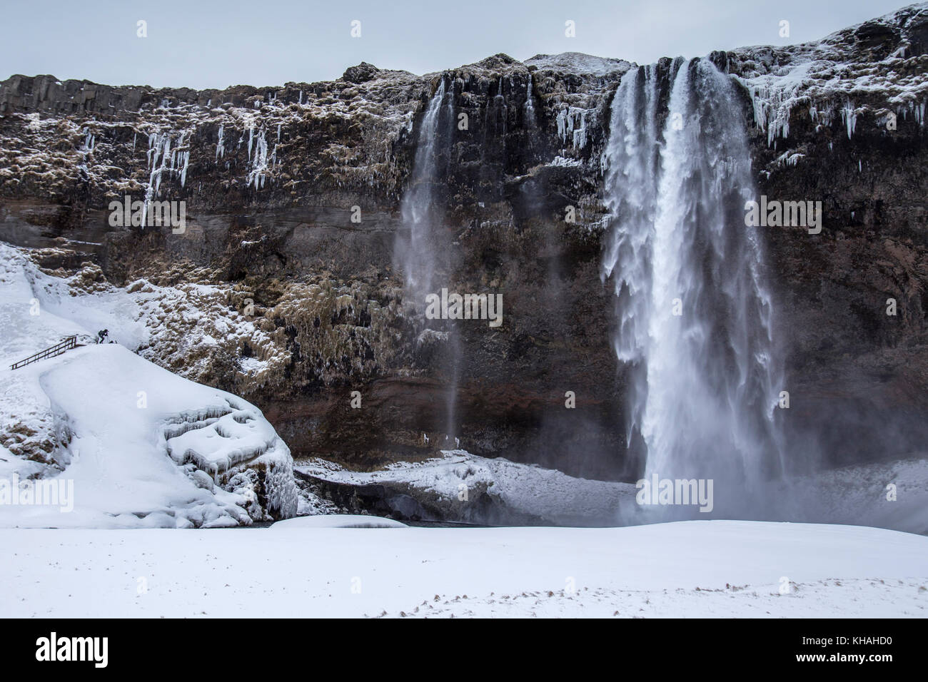 Seljalandsfoss waterfall on the south coast of Iceland. A well known tourist destination. Stock Photo