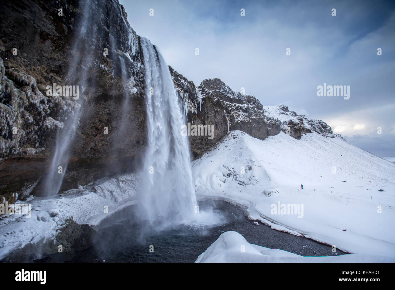Seljalandsfoss waterfall on the south coast of Iceland. A well known tourist destination. Stock Photo